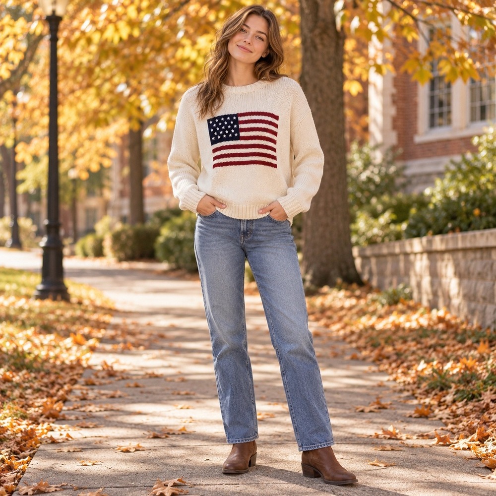 Brandy Melville Brianna American Flag Cotton Knit Sweater Cream MNJ225 One Size